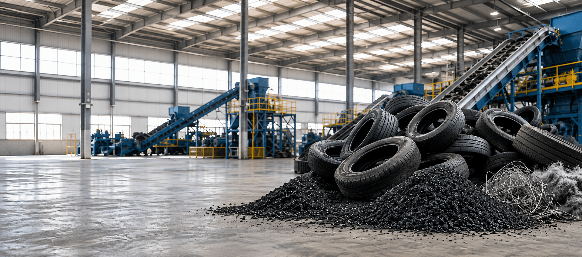 End-of-life tyres and recovered crumb rubber inside a recycling facility